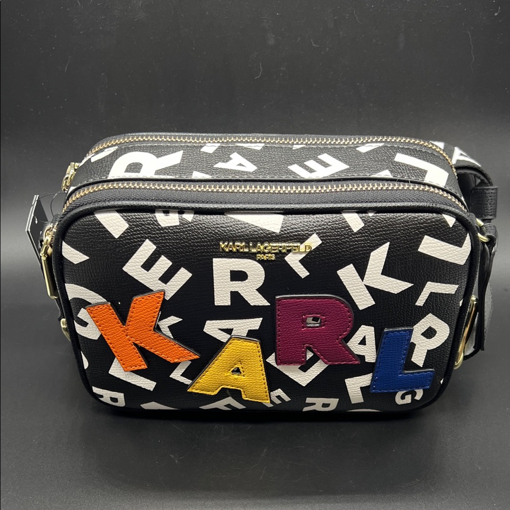 Karl Lagerfeld Black Crossbody Bag  Camera Bag with Multicolor Letters NEW - Picture 3 of 13